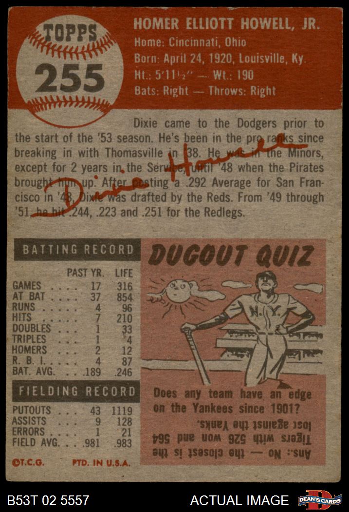 1953 Topps #255 Dixie Howell Dodgers 2 - GOOD - Picture 7 of 9