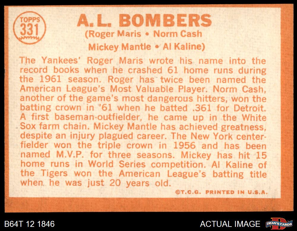 1962 Topps AL selling Bombers Mantle /Aaron #337 EX+