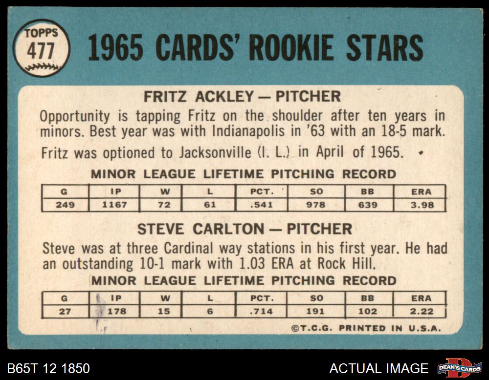 1965 Topps #477 Steve Carlton / Fritz Ackley Cardinals RCs RC HOF 2 - GOOD - Picture 11 of 29