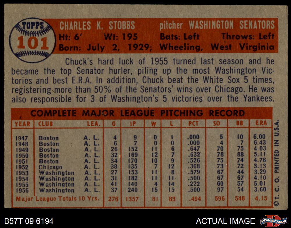 1957 Topps #101 Chuck Stobbs Senators 4 - VG/EX