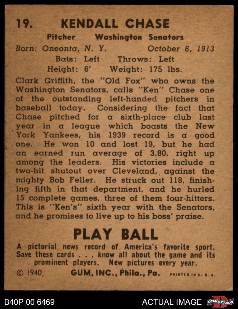 1940 Play Ball #19 Ken Chase Senators 4 - VG/EX - Picture 7 of 9
