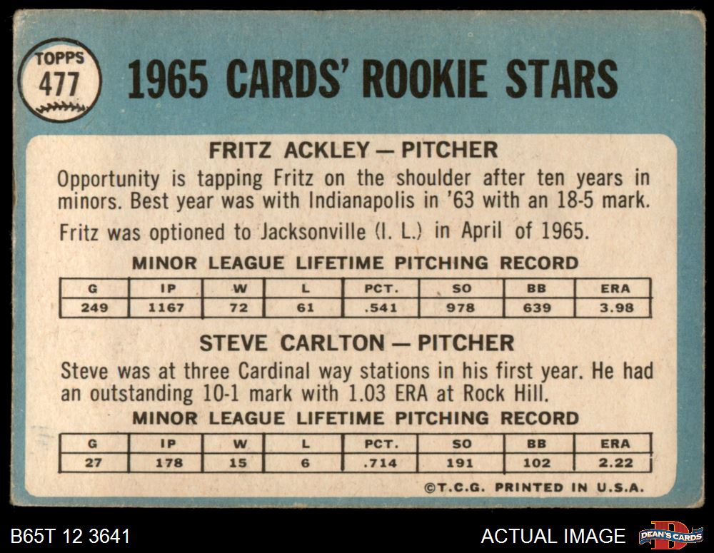1965 Topps #477 Steve Carlton / Fritz Ackley Cardinals RCs RC HOF 2 - GOOD - Picture 23 of 29