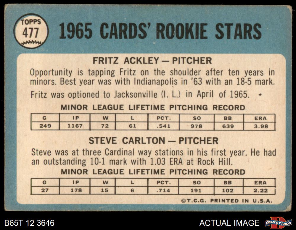1965 Topps #477 Steve Carlton / Fritz Ackley Cardinals RCs RC HOF 2 - GOOD - Picture 19 of 29
