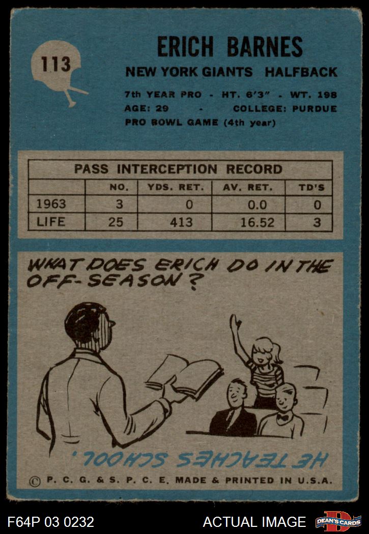 1964 Philadelphia #113 Erich Barnes Giants-FB Purdue 1.5 - FAIR - Picture 3 of 5