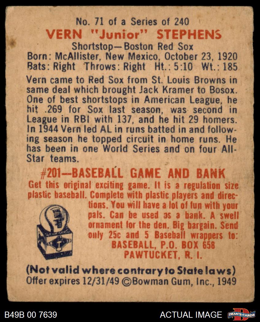 1949 Bowman #71 Vern Stephens Red Sox RC 4 - VG/EX - Picture 3 of 5