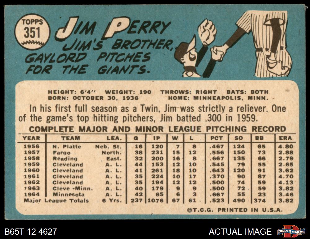 1965 Topps #351 Jim Perry Twins 4 - VG/EX