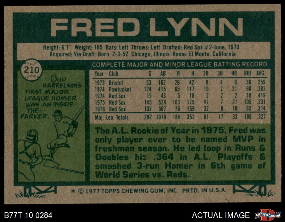 1977 Topps #210 Fred Lynn Red Sox 4 - VG/EX