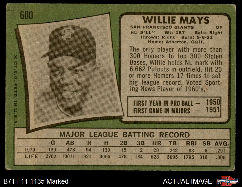 1971 Topps #600 Willie Mays Giants HOF 1.5 - FAIR - Picture 7 of 17