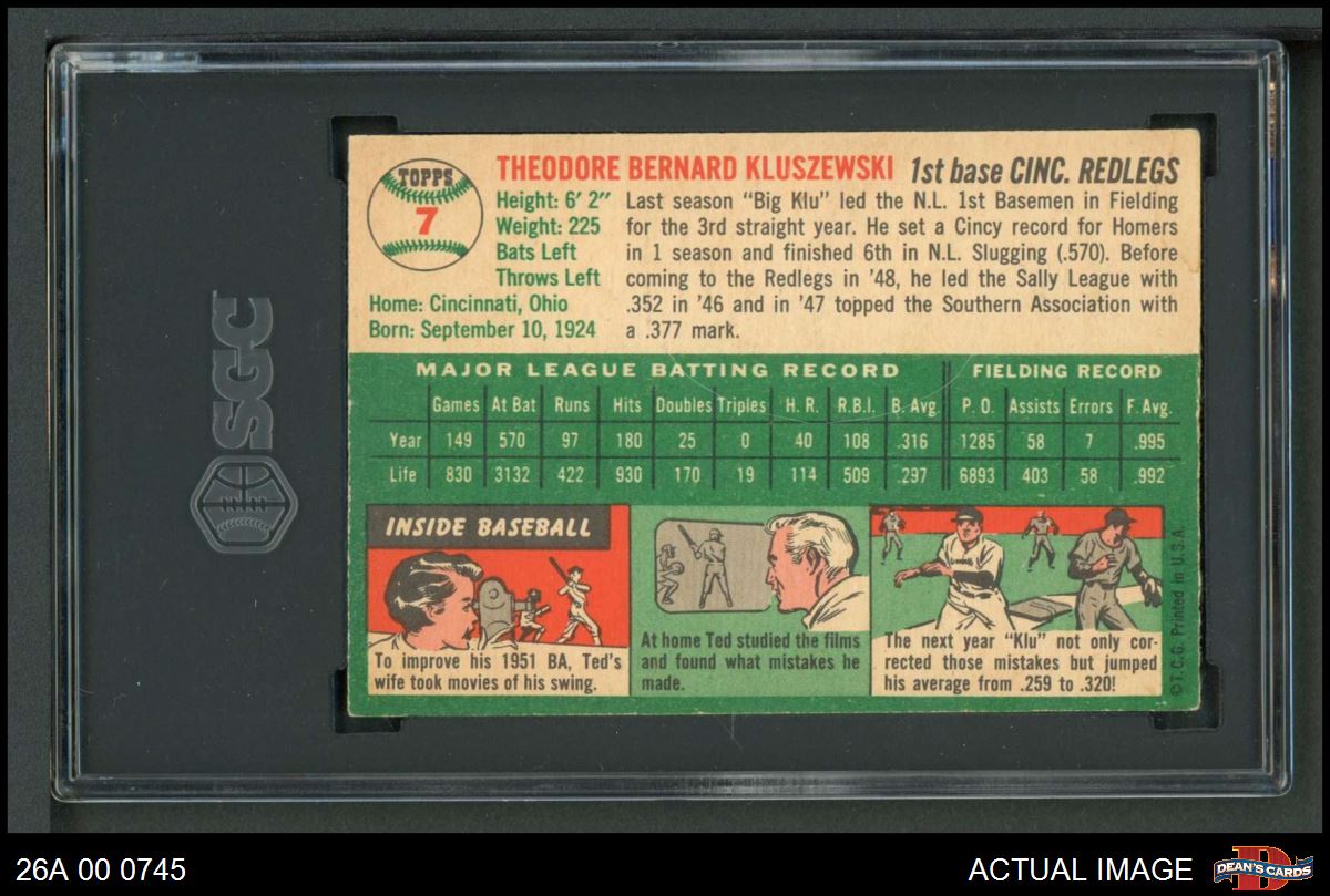 1954 Topps #7 Ted Kluszewski White Back Reds SGC 6 - EX/MT - Picture 3 of 3