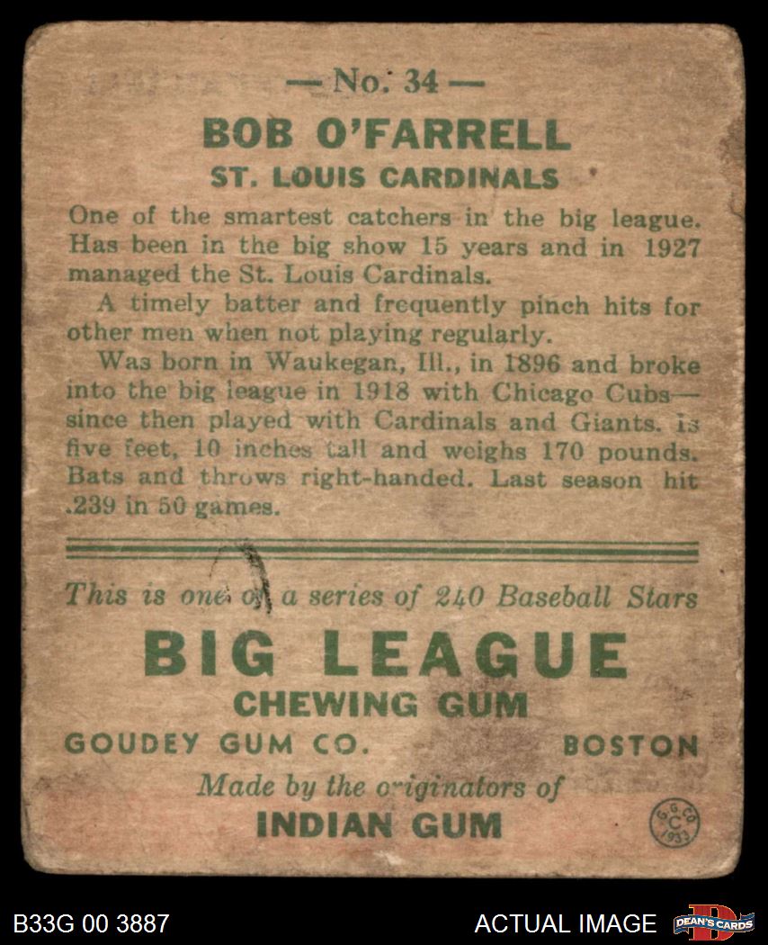 1933 Goudey #34 Bob O'Farrell Cardinals 1 - POOR - Picture 7 of 9