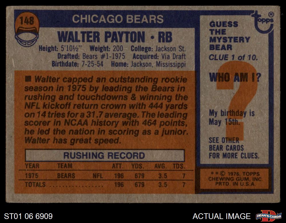 1976 Topps #148 Walter Payton Bears RC HOF Jackson St 2 - GOOD - Picture 4 of 6