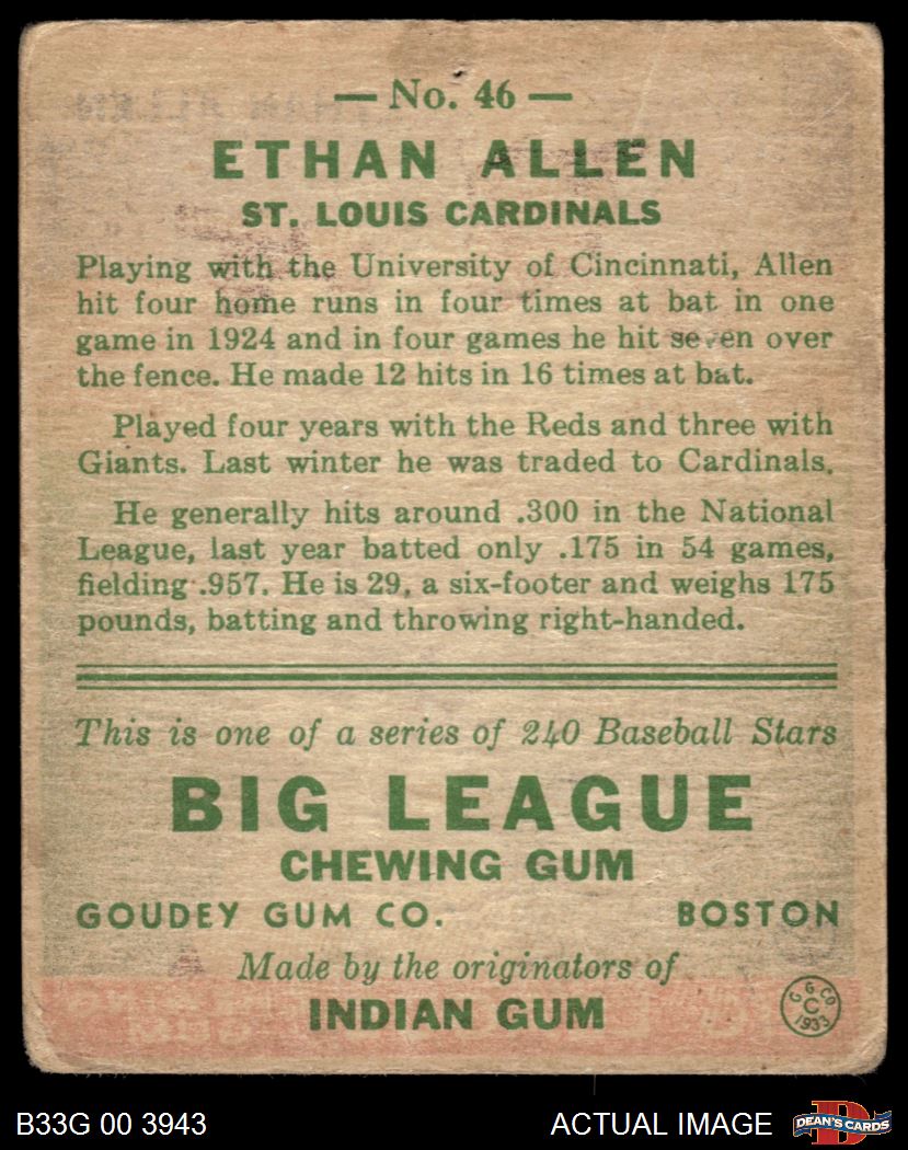 1933 Goudey #46 Ethan Allen Cardinals 1.5 - FAIR - Picture 15 of 17