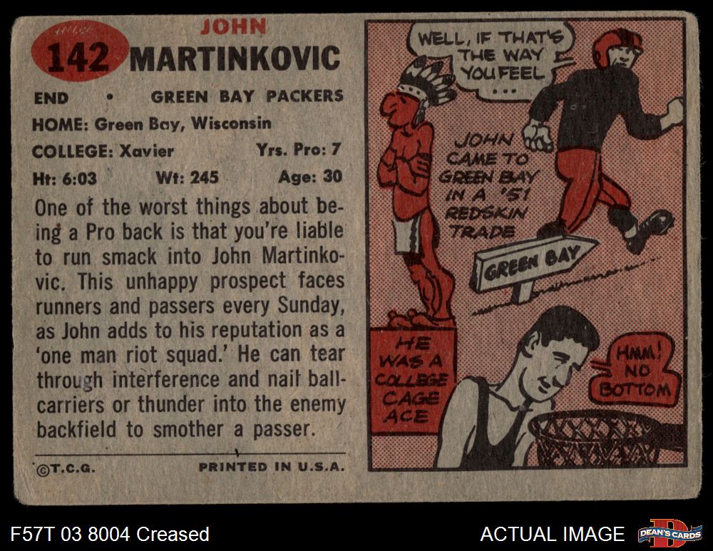 1957 Topps #142 John Martinkovic Packers Xavier 1 - POOR - Picture 7 of 9