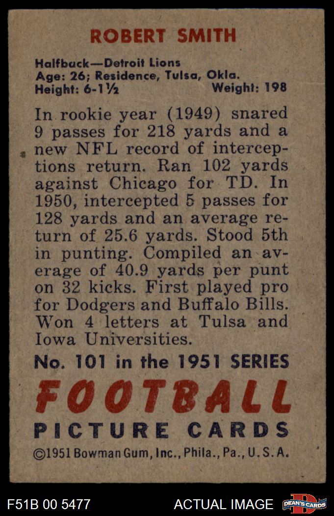 1951 Bowman #101 J Robert Smith Lions Tulsa / Iowa 5 - EX - Picture 15 of 17