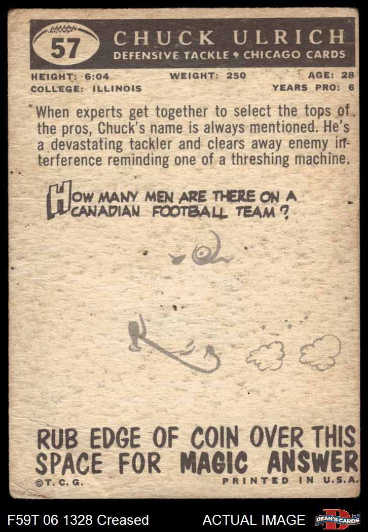 1959 Topps #57 Chuck Ulrich Cardinals-FB Illinois 1.5 - FAIR - Picture 7 of 9