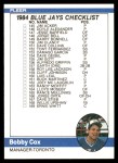 #653 Checklist: Blue Jays/Cubs Bobby Cox 