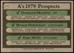 1979 Topps #711  -  Dwayne Murphy / Bruce Robinson / Alan Wirth A's Prospects<br />B79T 06 9343<br /><a class='button AddToCart' data-ajax='true' data-ajax-mode='replace' data-ajax-update='#cart-info' href='/AddToCart?itemId=5237177&quantity=1&type=0'>Add To Cart</a>