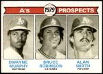 1979 Topps #711  -  Dwayne Murphy / Bruce Robinson / Alan Wirth A's Prospects<br />B79T 06 9343<br /><a class='button AddToCart' data-ajax='true' data-ajax-mode='replace' data-ajax-update='#cart-info' href='/AddToCart?itemId=5237177&quantity=1&type=0'>Add To Cart</a>