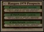 1979 Topps #713  -  Danny Darwin / Pat Putnam / Billy Sample Rangers Prospects<br />B79T 08 8372<br /><a class='button AddToCart' data-ajax='true' data-ajax-mode='replace' data-ajax-update='#cart-info' href='/AddToCart?itemId=6744829&quantity=1&type=0'>Add To Cart</a>