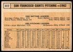 1963 Topps #417  Giants Team<br />B63T 10 8721<br /><a class='button AddToCart' data-ajax='true' data-ajax-mode='replace' data-ajax-update='#cart-info' href='/AddToCart?itemId=7014742&quantity=1&type=0'>Add To Cart</a>