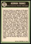1967 Topps #116 Herman Franks<br />B67T 14 4109<br /><a class='button AddToCart' data-ajax='true' data-ajax-mode='replace' data-ajax-update='#cart-info' href='/AddToCart?itemId=7036125&quantity=1&type=0'>Add To Cart</a>
