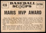 1961 Nu-Card Scoops #416  -   Roger Maris  Nips Mantle for AL MVP Award<br />B61N 01 9794<br /><a class='button AddToCart' data-ajax='true' data-ajax-mode='replace' data-ajax-update='#cart-info' href='/AddToCart?itemId=7041334&quantity=1&type=0'>Add To Cart</a>