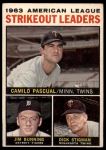 1964 Topps #6  -  Camilo Pascual / Jim Bunning / Dick Stigman AL Strikeout Leaders<br />B64T 12 7195<br /><a class='button AddToCart' data-ajax='true' data-ajax-mode='replace' data-ajax-update='#cart-info' href='/AddToCart?itemId=7042131&quantity=1&type=0'>Add To Cart</a>