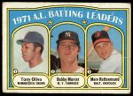 1972 Topps #86  -  Bobby Murcer / Tony Oliva / Merv Rettenmund AL Batting Leaders<br />B72T 11 9814<br /><a class='button AddToCart' data-ajax='true' data-ajax-mode='replace' data-ajax-update='#cart-info' href='/AddToCart?itemId=7043452&quantity=1&type=0'>Add To Cart</a>