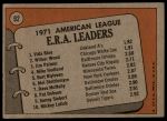 1972 Topps #92  -  Vida Blue / Jim Palmer / Wilbur Wood AL ERA Leaders<br />B72T 11 9838<br /><a class='button AddToCart' data-ajax='true' data-ajax-mode='replace' data-ajax-update='#cart-info' href='/AddToCart?itemId=7043506&quantity=1&type=0'>Add To Cart</a>