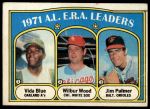 1972 Topps #92  -  Vida Blue / Jim Palmer / Wilbur Wood AL ERA Leaders<br />B72T 11 9838<br /><a class='button AddToCart' data-ajax='true' data-ajax-mode='replace' data-ajax-update='#cart-info' href='/AddToCart?itemId=7043506&quantity=1&type=0'>Add To Cart</a>