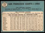 1965 Topps #379  Giants Team<br />B65T 12 8037<br /><a class='button AddToCart' data-ajax='true' data-ajax-mode='replace' data-ajax-update='#cart-info' href='/AddToCart?itemId=7044033&quantity=1&type=0'>Add To Cart</a>