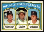 1972 Topps #96  -  Vida Blue / Joe Coleman / Mickey Lolich AL Strikeout Leaders<br />B72T 12 0951<br /><a class='button AddToCart' data-ajax='true' data-ajax-mode='replace' data-ajax-update='#cart-info' href='/AddToCart?itemId=7046894&quantity=1&type=0'>Add To Cart</a>