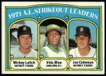 1972 Topps #96  -  Vida Blue / Joe Coleman / Mickey Lolich AL Strikeout Leaders<br />B72T 11 9937<br /><a class='button AddToCart' data-ajax='true' data-ajax-mode='replace' data-ajax-update='#cart-info' href='/AddToCart?itemId=7047896&quantity=1&type=0'>Add To Cart</a>