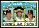 1972 Topps #96  -  Vida Blue / Joe Coleman / Mickey Lolich AL Strikeout Leaders<br />B72T 12 0264<br /><a class='button AddToCart' data-ajax='true' data-ajax-mode='replace' data-ajax-update='#cart-info' href='/AddToCart?itemId=7048399&quantity=1&type=0'>Add To Cart</a>