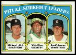 1972 Topps #96  -  Vida Blue / Joe Coleman / Mickey Lolich AL Strikeout Leaders<br />B72T 12 0266<br /><a class='button AddToCart' data-ajax='true' data-ajax-mode='replace' data-ajax-update='#cart-info' href='/AddToCart?itemId=7048401&quantity=1&type=0'>Add To Cart</a>