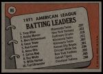 1972 Topps #86  -  Bobby Murcer / Tony Oliva / Merv Rettenmund AL Batting Leaders<br />B72T 12 0267<br /><a class='button AddToCart' data-ajax='true' data-ajax-mode='replace' data-ajax-update='#cart-info' href='/AddToCart?itemId=7048402&quantity=1&type=0'>Add To Cart</a>