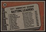 1972 Topps #86  -  Bobby Murcer / Tony Oliva / Merv Rettenmund AL Batting Leaders<br />B72T 12 0268<br /><a class='button AddToCart' data-ajax='true' data-ajax-mode='replace' data-ajax-update='#cart-info' href='/AddToCart?itemId=7048403&quantity=1&type=0'>Add To Cart</a>