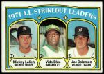1972 Topps #96  -  Vida Blue / Joe Coleman / Mickey Lolich AL Strikeout Leaders<br />B72T 12 0269<br /><a class='button AddToCart' data-ajax='true' data-ajax-mode='replace' data-ajax-update='#cart-info' href='/AddToCart?itemId=7048404&quantity=1&type=0'>Add To Cart</a>