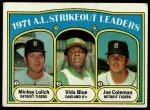 1972 Topps #96  -  Vida Blue / Joe Coleman / Mickey Lolich AL Strikeout Leaders<br />B72T 12 0366<br /><a class='button AddToCart' data-ajax='true' data-ajax-mode='replace' data-ajax-update='#cart-info' href='/AddToCart?itemId=7048506&quantity=1&type=0'>Add To Cart</a>