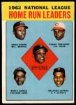 1963 Topps #3  -  Hank Aaron / Willie Mays / Frank Robinson / Ernie Banks / Orlando Cepeda NL HR Leaders<br />B63T 10 9486<br /><a class='button AddToCart' data-ajax='true' data-ajax-mode='replace' data-ajax-update='#cart-info' href='/AddToCart?itemId=7056690&quantity=1&type=0'>Add To Cart</a>