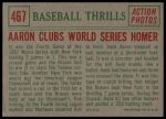 1959 Topps #467  -  Hank Aaron Clubs World Series Homer<br />B59T 15 0257<br /><a class='button AddToCart' data-ajax='true' data-ajax-mode='replace' data-ajax-update='#cart-info' href='/AddToCart?itemId=7057753&quantity=1&type=0'>Add To Cart</a>