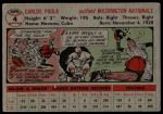 1956 Topps #4 Carlos Paula<br />B56T 05 9172<br /><a class='button AddToCart' data-ajax='true' data-ajax-mode='replace' data-ajax-update='#cart-info' href='/AddToCart?itemId=7057777&quantity=1&type=0'>Add To Cart</a>