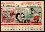 1956 Topps #4 Carlos Paula<br />B56T 05 9244<br /><a class='button AddToCart' data-ajax='true' data-ajax-mode='replace' data-ajax-update='#cart-info' href='/AddToCart?itemId=7057931&quantity=1&type=0'>Add To Cart</a>