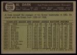 1961 Topps #220 Al Dark<br />B61T 15 1581<br /><a class='button AddToCart' data-ajax='true' data-ajax-mode='replace' data-ajax-update='#cart-info' href='/AddToCart?itemId=7060161&quantity=1&type=0'>Add To Cart</a>