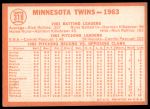 1964 Topps #318  Twins Team<br />B64T 12 7967<br /><a class='button AddToCart' data-ajax='true' data-ajax-mode='replace' data-ajax-update='#cart-info' href='/AddToCart?itemId=7061340&quantity=1&type=0'>Add To Cart</a>