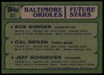 1982 Topps #21  -  Cal Ripken Jr. / Bob Bonner / Jeff Schneider Orioles<br />ST01 06 8324<br /><a class='button AddToCart' data-ajax='true' data-ajax-mode='replace' data-ajax-update='#cart-info' href='/AddToCart?itemId=7061700&quantity=1&type=0'>Add To Cart</a>