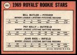 1969 Topps #619  -  Pat Kelly / Bill Butler / Juan Rios Royals Rookies<br />B69T 17 4246<br /><a class='button AddToCart' data-ajax='true' data-ajax-mode='replace' data-ajax-update='#cart-info' href='/AddToCart?itemId=7065311&quantity=1&type=0'>Add To Cart</a>