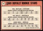 1969 Topps #619  -  Pat Kelly / Bill Butler / Juan Rios Royals Rookies<br />B69T 17 5890<br /><a class='button AddToCart' data-ajax='true' data-ajax-mode='replace' data-ajax-update='#cart-info' href='/AddToCart?itemId=7067247&quantity=1&type=0'>Add To Cart</a>