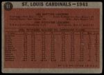 1962 Topps #61  Cardinals Team<br />B62T 12 6309<br /><a class='button AddToCart' data-ajax='true' data-ajax-mode='replace' data-ajax-update='#cart-info' href='/AddToCart?itemId=7069090&quantity=1&type=0'>Add To Cart</a>