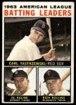1964 Topps #8  -  Carl Yastrzemski / Al Kaline / Rich Rollins AL Batting Leaders<br />B64T 12 9074<br /><a class='button AddToCart' data-ajax='true' data-ajax-mode='replace' data-ajax-update='#cart-info' href='/AddToCart?itemId=7071941&quantity=1&type=0'>Add To Cart</a>